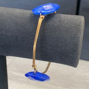 Gold Tone Wire Wrapped Bangle Bracelet Cobalt Blue Faceted Stones 8 Inch